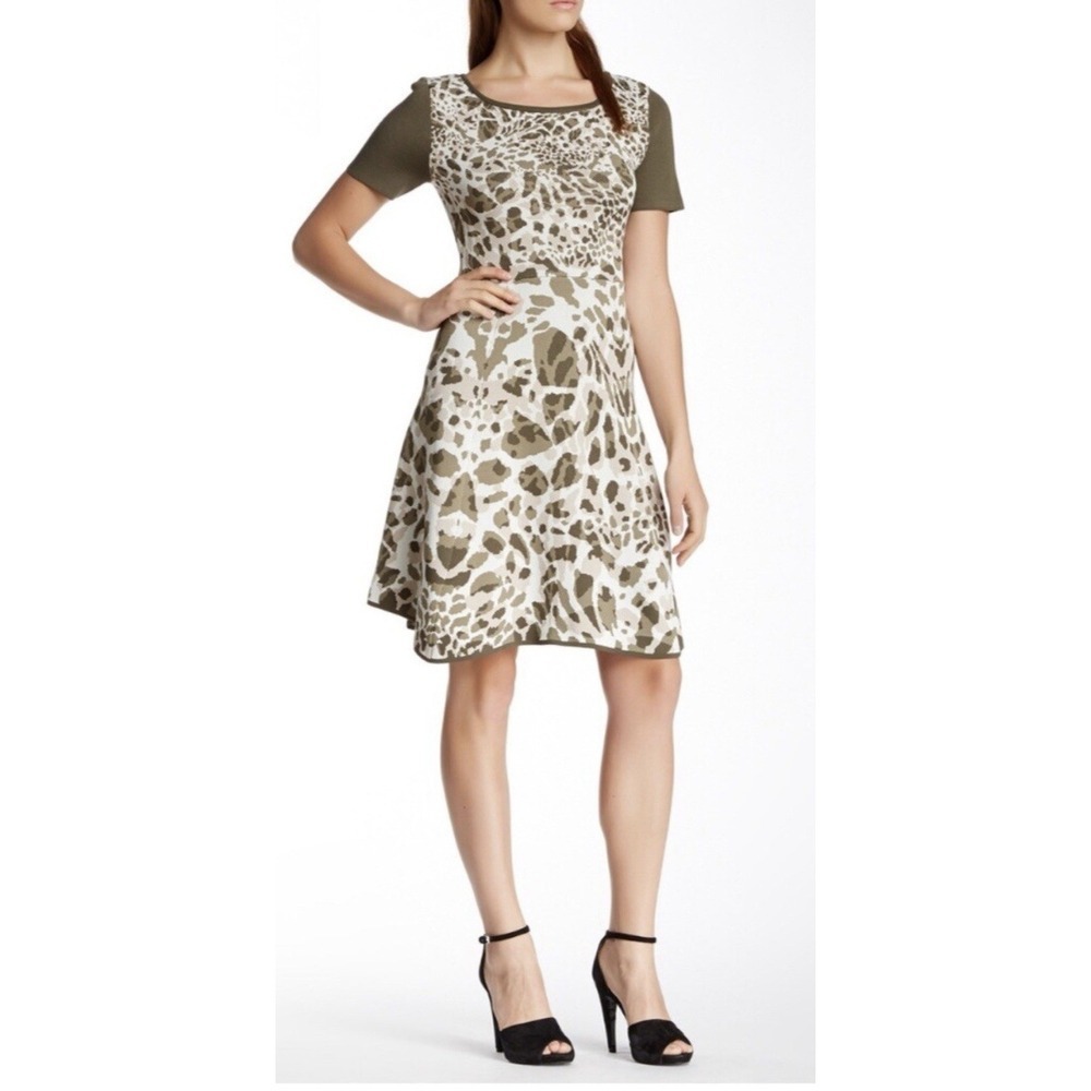 Catherine Malandrino Olive Green Animal Print Fit & Flare Dress Size M